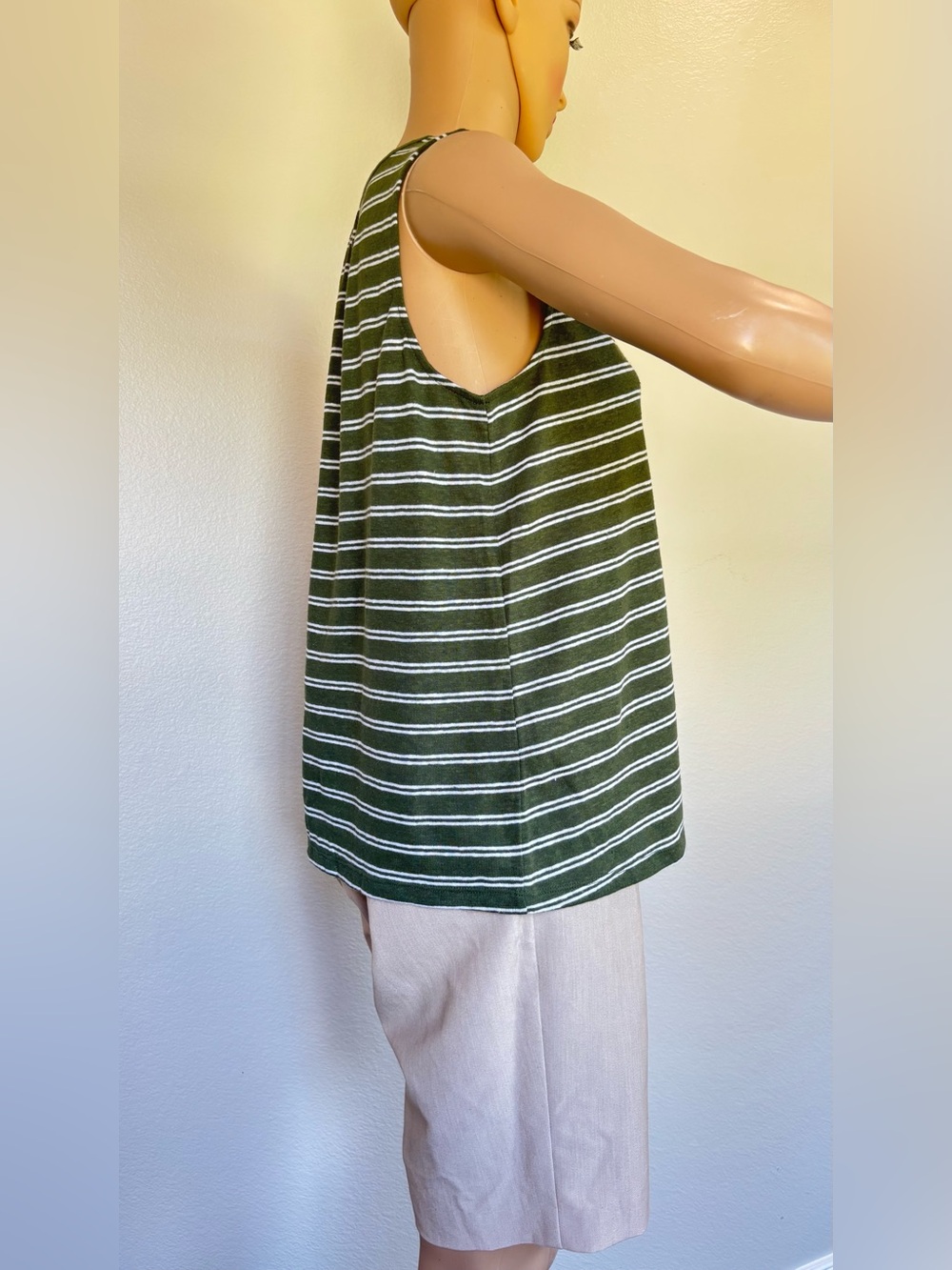 Old Navy Olive and White Striped Sleeveless Split-Neck Tank - Picture 4 of 13